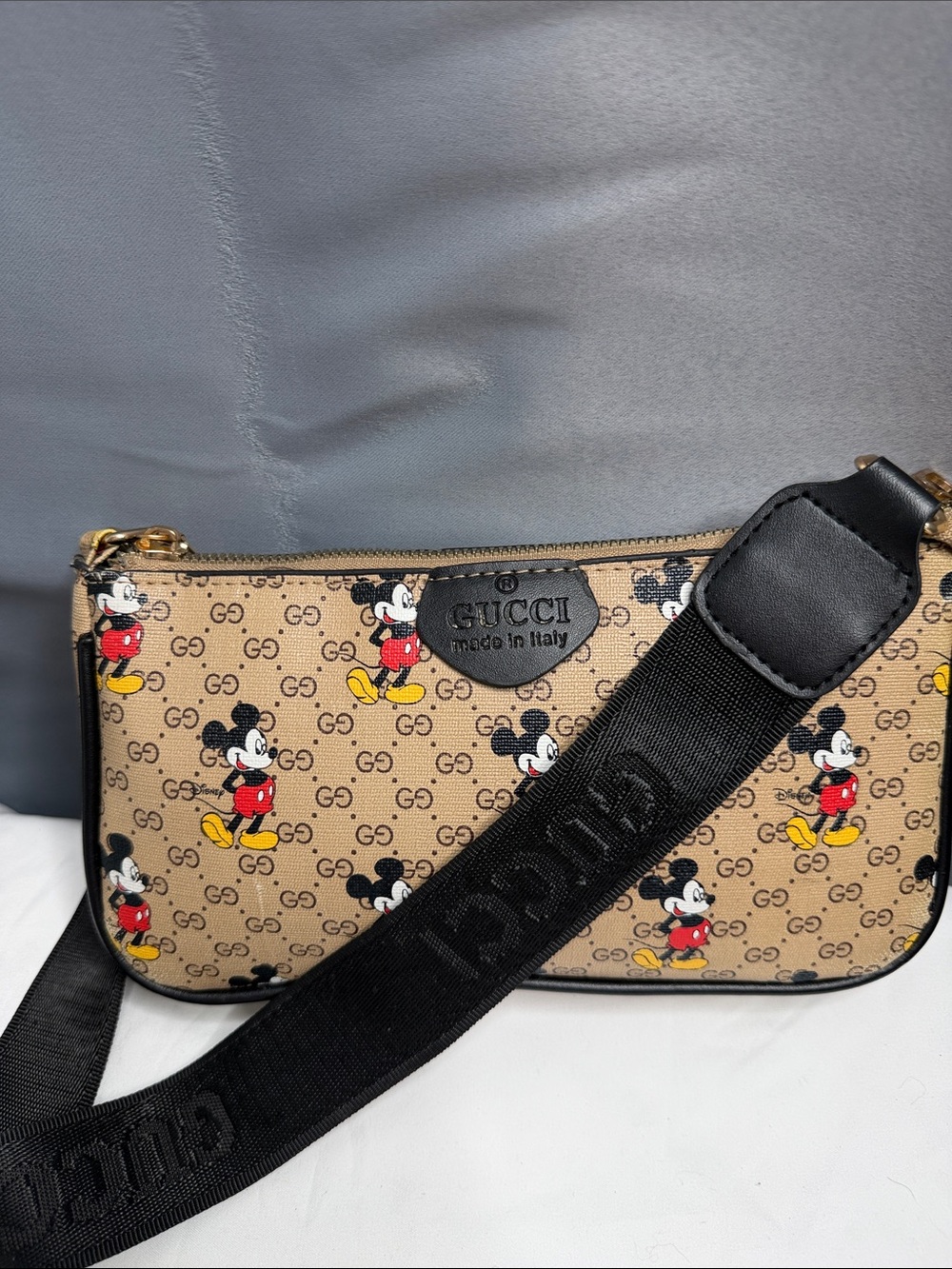 Mini  Beige Canvas Mickey Print Crossbody with Black Strap